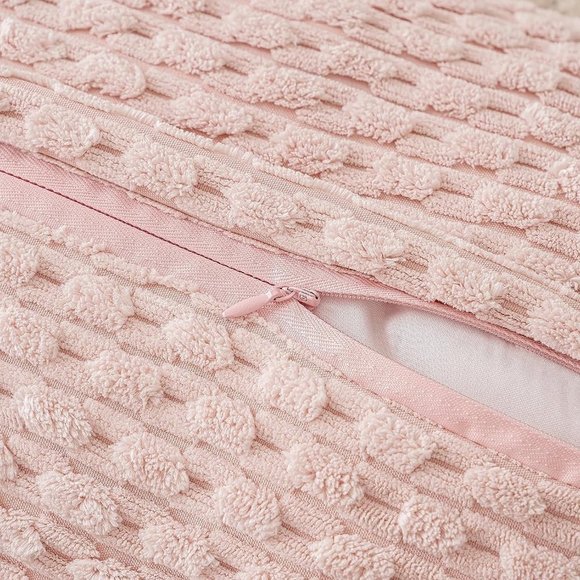 Pompom Pink Stripe Texture Corduroy Farmhouse Cute Luxury Soft Pillow Cover Set - Picture 3 of 7